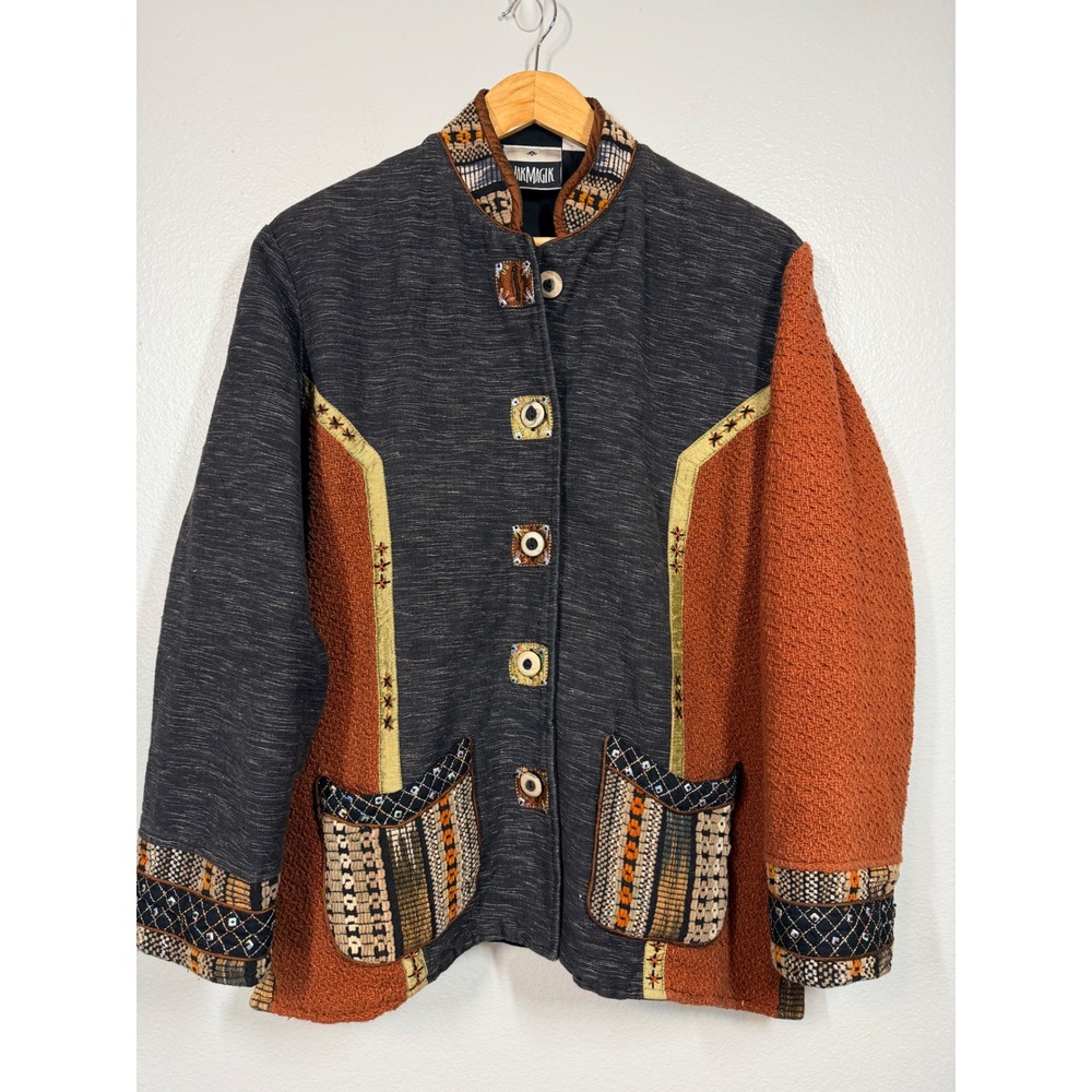 Yak Magik Jacket Women XL Brown Artisanal Boho Silk Trim Cotton Patchwork Coat‎